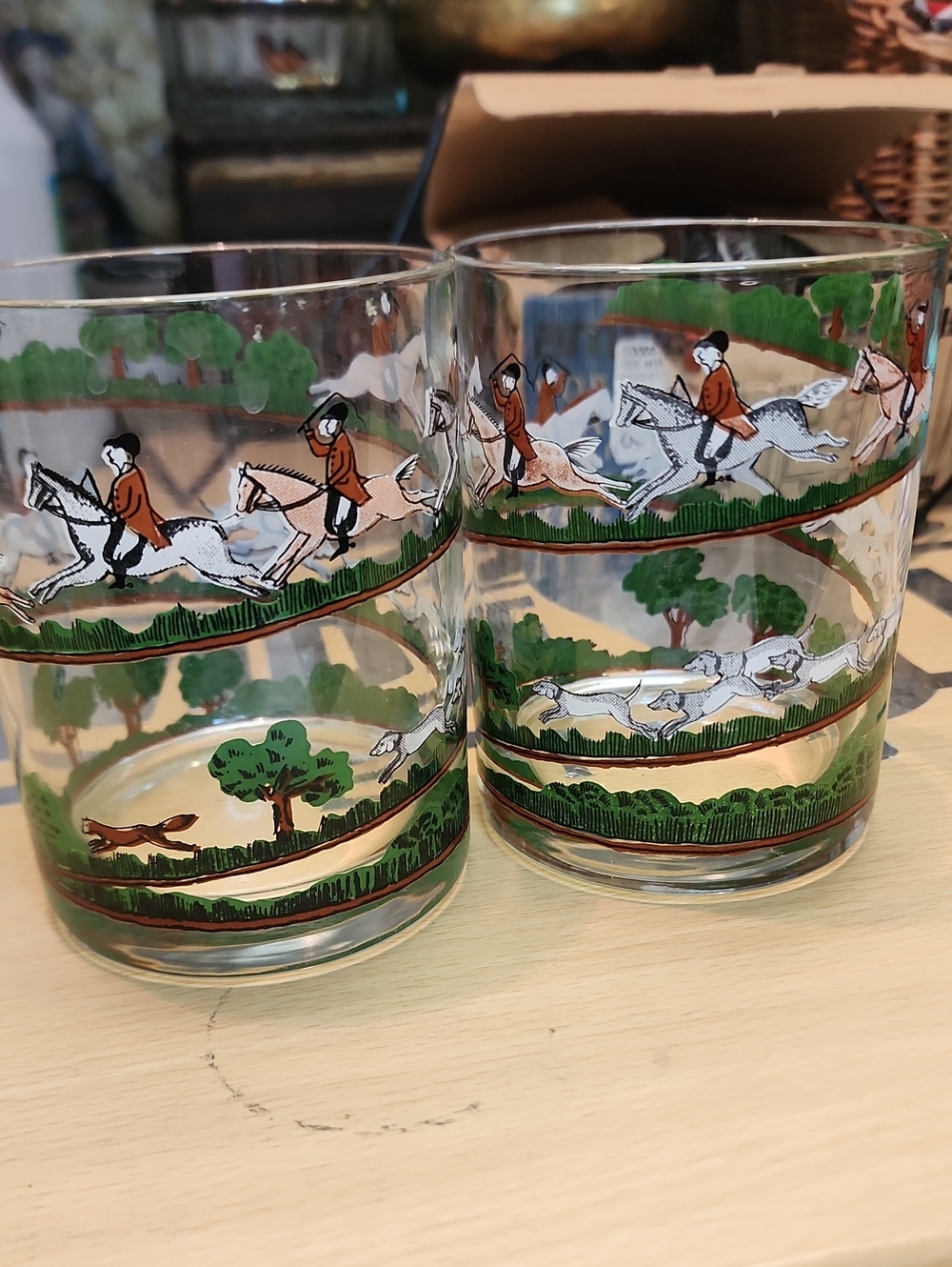 Vintage Crown Staffordshire Hunting Horse Foxhunt 12oz Old Fashion Glasses